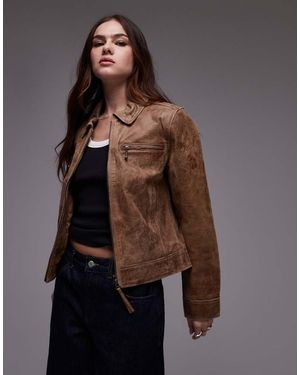 Urbancode Zip Through Fitted Crop Leather Jacket - Brown