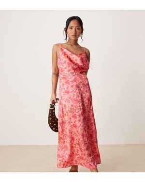 Vila Vestido Largo Rosa De Tirantes Con Estampado Floral De Satén De - Rojo