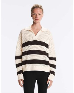 Oysho 100% Cotton Striped Open Knit Long-Sleeve Polo Shirt - White