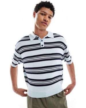 Bershka Retro Knit Striped Polo Shirt - Blue
