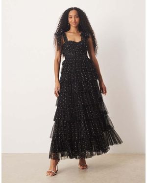 LACE & BEADS Bow Shoulder Tiered Tulle Maxi Dress - Black