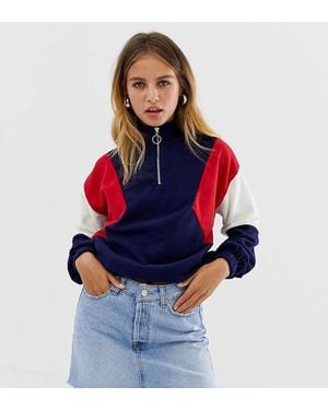 New Look Sudadera De Polar En Colour Block Con Media Cremallera De -Azul - Rojo