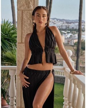 4th & Reckless X Luana Barron Plisse Halterneck Split Front Gold Hardware Detail Beach Top Co-ord - Black