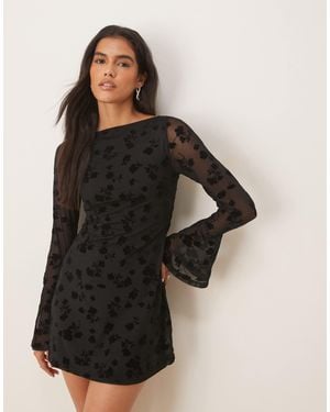 ASOS Flocked Floral Mini Dress With Flute Sleeve - Black