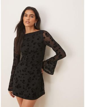 ASOS Flocked Floral Mini Dress With Flute Sleeve - Black