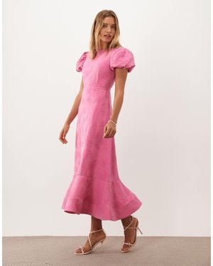Sister Jane Jacquard Puff Sleeve Structured Hem Midaxi Dress - Pink