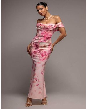 Goddiva Printed Cowl Neck Pleated Waist Maxi Dress - Grey