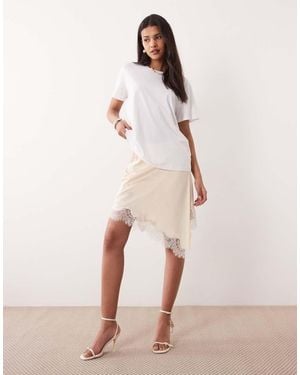 Mango Asymmetric Satin Mini Skirt With Lace Trim - Natural