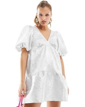 Nobody's Child Petite Vienna Jacquard Mini Dress With Puff Sleeves - White