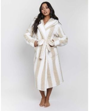 Loungeable Albornoz Midi Marrón A Rayas Con Capucha De Sherpa Grueso De - Blanco
