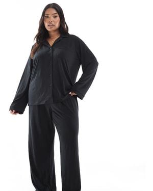 Loungeable Pijama De Pantalones De Pernera Ancha Y Top Con Cuello De Solapas Y Detalle De Ribetes De Tejido Muy Suave De Curve - Negro