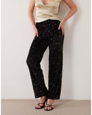 Pieces Wide Leg Velour Sequin Trousers - Black
