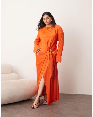 ARRANGE Curve Long Sleeve Draped Satin Maxi Dress With Gold Hardware in Red  | Lyst