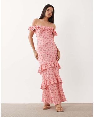 Y.A.S Vestito Lungo A Fiori Con Volant E Spalle Scoperte - Rosa