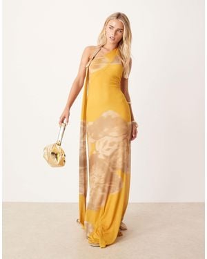 ASOS Printed Mesh Drape Scarf Neck Maxi Dress With Gold Hardware - Metallic