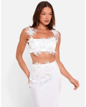 Public Desire Bridal Tie Strap Satin Top With Floral Applique - White