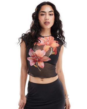Bershka Floral Mesh T-shirt - Black
