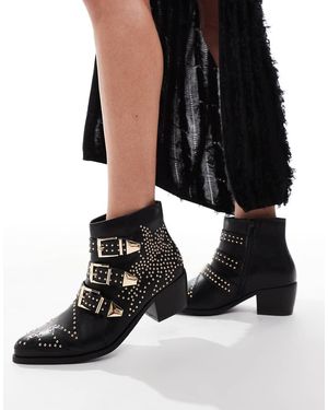 SEQWL Cattle Studded Buckle Detail Western Boots - Black