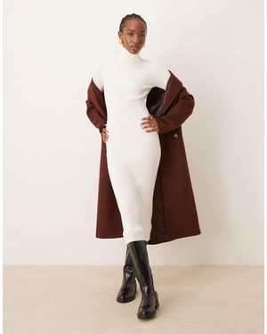 Vila Roll Neck Long Sleeve Ribbed Midi Dress - Natural