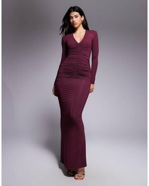 Wanderdoll Wander Doll Drew Sculpting Second-skin Shoulder Pad Detail Plunge Neck Ruched Maxi Dress - Purple