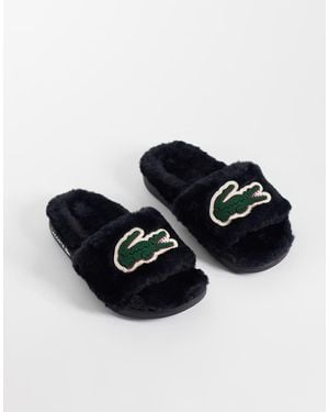 Lacoste Zapatillas De Estar Por Casa Tipo Slide De Forro Polar Con Logo De Cocodrilo En Negro Y Verde