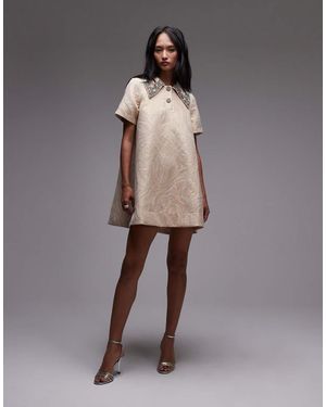 & Other Stories Jacquard Mini Swing Dress With Embellished Collar - Grey