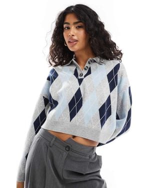 Bershka Argyle Checked Polo Neck Jumper - Blue