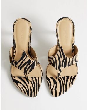 TOPSHOP Nora Real Leather With Hair Angular High Heeled Mule Sandal - Natural