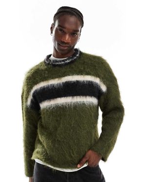 The Ragged Priest Faux Mohair Standard Knit Jumper With Stripe - Green