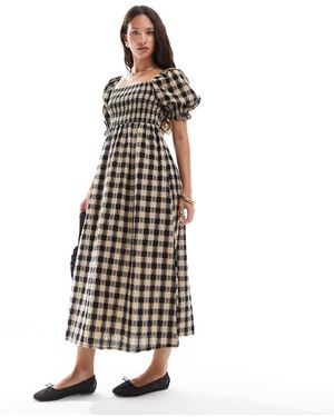 New Look Check Long Sleeve Shirred Midi Dress - White