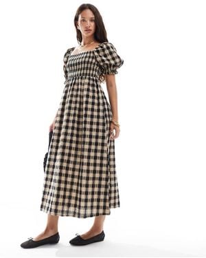 New Look Check Long Sleeve Shirred Midi Dress - White