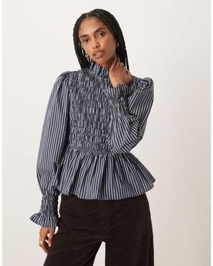 Glamorous Ruffle Neck Shirred Body Long Sleeve Blouse - Blue