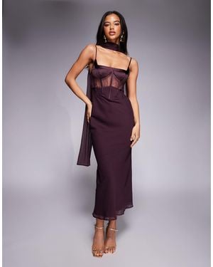 ASOS Cami Satin And Lace Slip Midi Dress With Scarf Detail - Purple