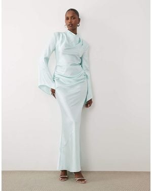 DASKA Vestido Largo Fruncido Con Cuello Alto Desbocado De Satén - Gris