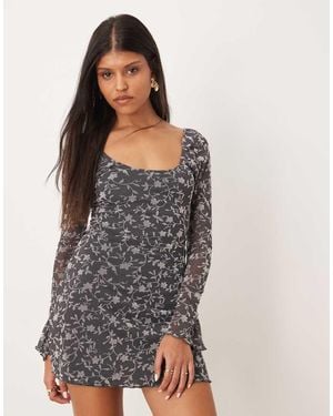 Motel Bindara Long Sleeve Mesh Overlay Mini Dress With Low Back - Grey