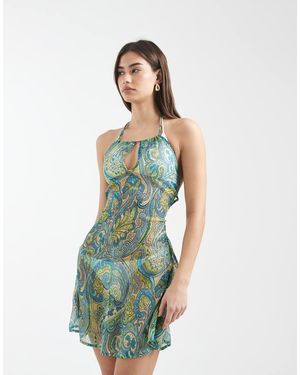Aray Vestido Playero Corto Con Estampado De Cachemir Y Cuello Halter De Tejido Transparente De -Azul