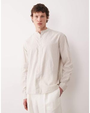 SELECTED Long Sleeve Grandad Collar Linen Blend Shirt - Natural