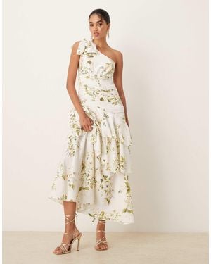 Vila Premium One Shoulder Statement Ruffle Maxi Dress - Natural