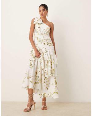 Vila Premium One Shoulder Statement Ruffle Maxi Dress - Natural