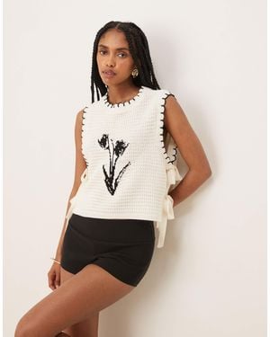 ASOS Knitted Tie Side Tank Top With Flower Jacquard - Natural