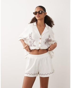 ASOS Textured Jersey Short Co-Ord With Burgundy Embroidery - Natural