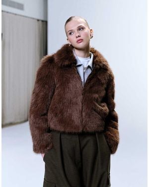 JJXX Cropped Faux Fur Zip Coat - Brown