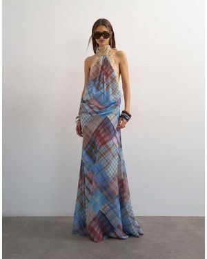 TOPSHOP Geruite Maxi Jurk Met Halternek En Plooien Aan De Zijkant Met Stippen - Blauw
