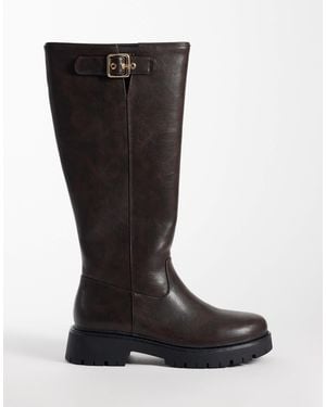 London Rebel Trista Chunky Knee Boots With Buckle Details - Black