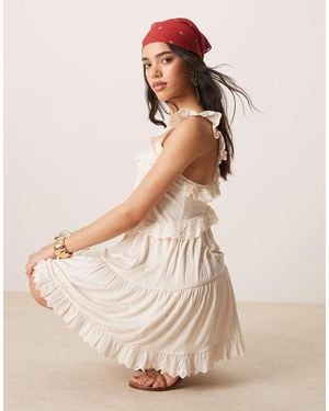 ASOS Gestreepte Mini Swingjurk Met Kanten Ruches En Stroken - Naturel
