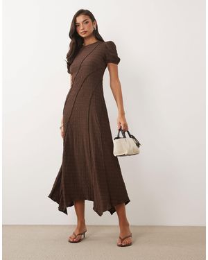 Nobody's Child Cassandra Textured Seam Detail Puff Sleeve Hanky Hem Midi Dress - Natural