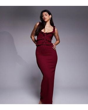 The Frolic Exclusive Textu Frill Detail Lace Up Open Back Detail Maxi Dress - Red
