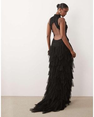 Beauut Embellished Sleeveless Cut Out Back Ruffled Volume Skirt - Black