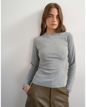 TOPSHOP Long Sleeve Micro V Top - Grey