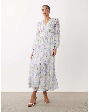 Vila Vestido Largo Blanco Con Estampado Floral Y Detalle De Volantes De Encaje Enrejado